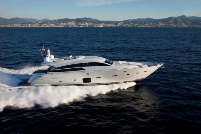 Pershing 92’ motor yacht on display at the Ferretti Group stand at the Miami Yacht and Brokerage show