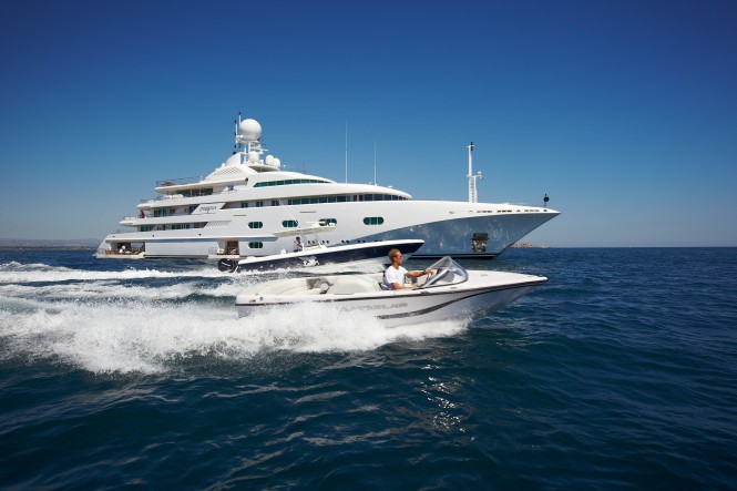 Superyacht PEGASUS V (ex PRINCESS MARIANA) - Main Shot Running with tender Superyacht PEGASUS V (ex PRINCESS MARIANA) - Main Shot Running with tender