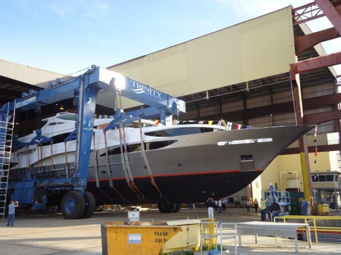 TSUMAT, Trinity Yachts T057, Bedecked in Flags, Ready to Splash - Photo Credit Trinity Yachts