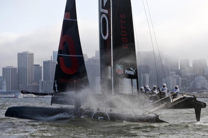 The ORACLE team racing on their catamaran yacht AC45