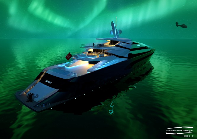 The luxury yacht Iwana under the Aurora Borealis