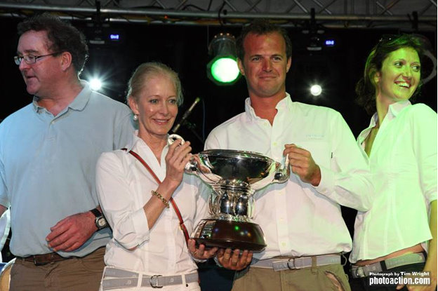 Wendy Schmidt, owner of Swan 80 yacht Team Selene and skipper Benjamin Davitt proudly hold the Swan Caribbean Challenge Trophy for Best Swan in IRC Overall. They were also 3rd in IRC Zero  Credit: Tim Wright/Photoaction