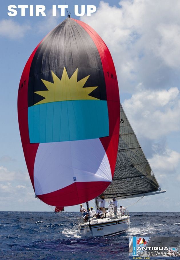 Flying the Antiguan Flag - Sir Hugh Bailey's famous spinnaker on Hugo Bee. Photo Courtesy of Alan Aflak
