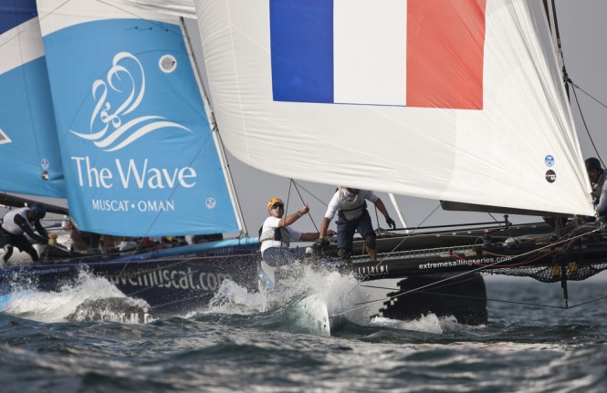 Loick Peyron at the helm of ZouLou with The Wave, Muscat chasing hard - Credit Lloyds Images