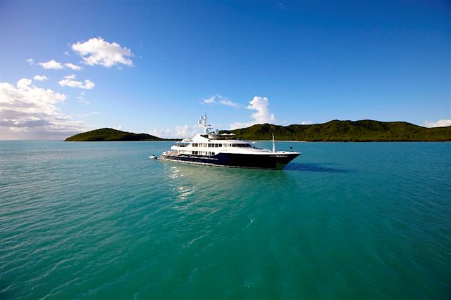 Luxury motor yacht UNBRIDLED at anchor