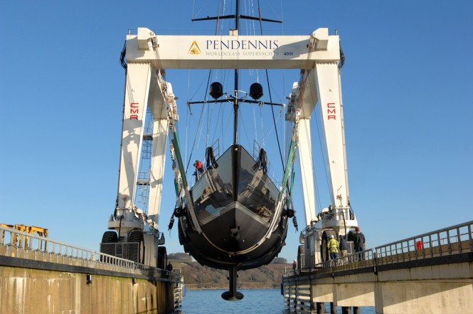 Sailing Yacht Moonbird on hoist - Image courtesy of Pendennis