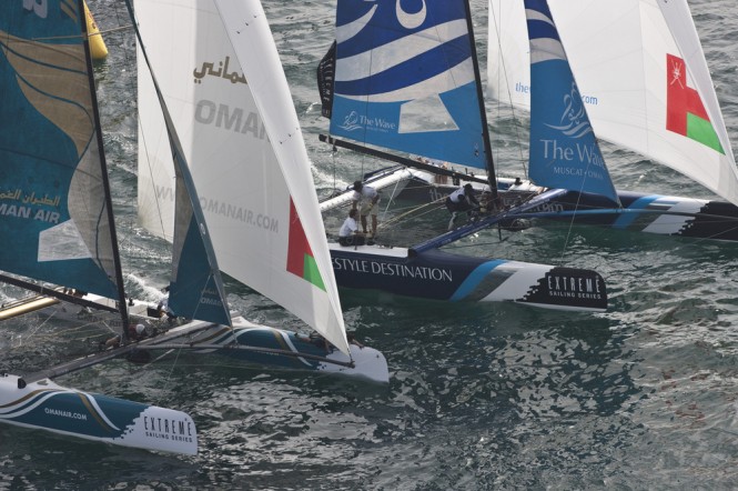 Sailing yachts Oman Air and The Wave, Muscat in close quarter battle during racing Credit Lloyd Images