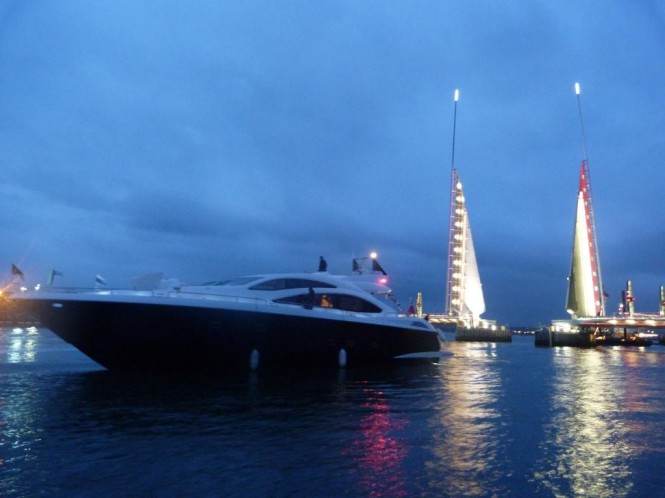 Sunseeker superyacht Predator 84 at the Grand Opening Ceremony of the Twin Sails Bridge in Poole