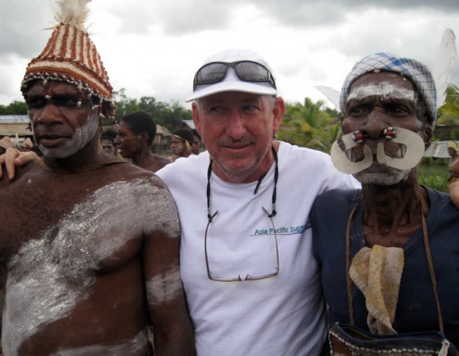 Jimmy Blee with tribesmen during Asia Pacific Superyachts 'Senses' Indonesian voyage