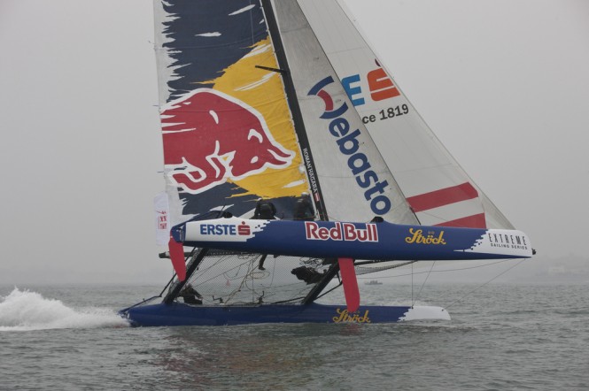 Red Bull Sailing Team flies a hull on day 4 - the final day of racing in Qingdao - Image credit Lloyds Images