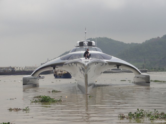 The bow view of the luxury trimaran yachat Adasta afloat