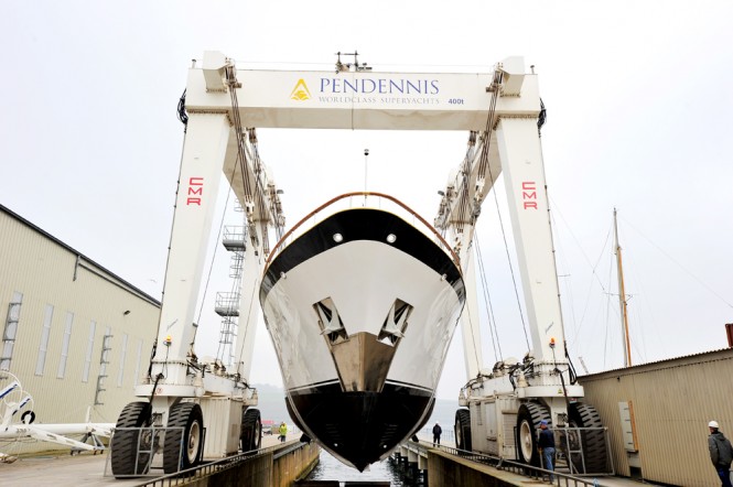 1972 Feadship motor yacht Heavenly Daze at Pendennis Shipyard in April 2012 during her refit