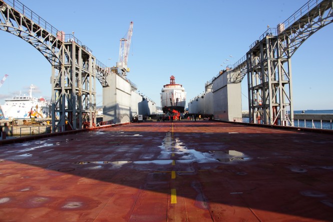 75m megayacht Vitruvius being transported to Picchiotti shipyard