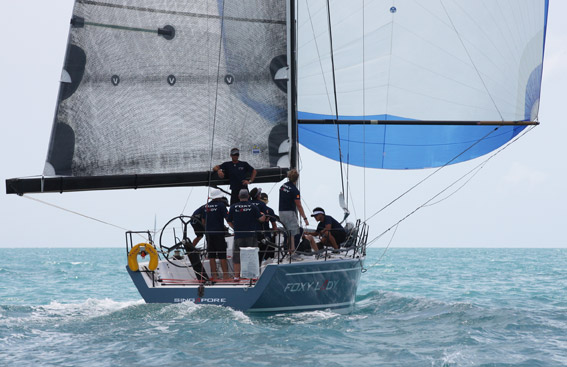 The 40-footers in IRC One class are racing tooth and nail. On Day 3, Foxy Lady 6 leads the standings by a single point with just two days to go. Photo by MarineScene.asia.