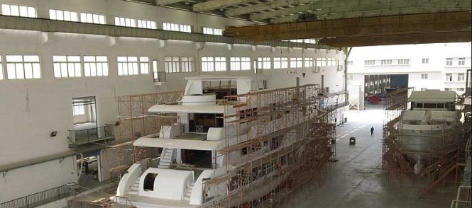 Superyacht Aurora and Norhavn 86 hull 9 at South Coast Marine in Xiamen, China