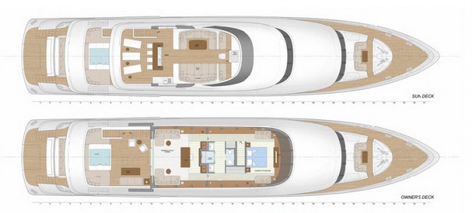 The 42m Jongert luxury yacht layout of sun deck and owner´s deck