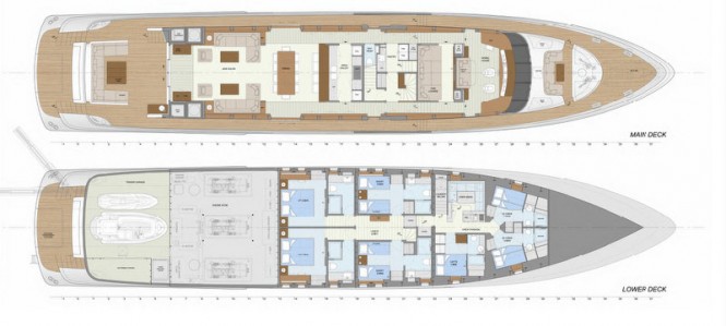 The 42m Jongert motor yacht layout of her main and lower decks