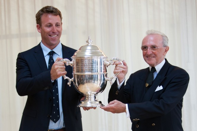 Mariette's owner Patrice Mourreau (right) proudly holds the 2012 Westward Cup with his equally delighted Captain, Charles Wroe.  Photo: Peter Ridout.