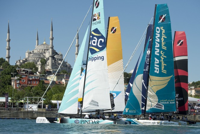Close racing among the Extreme-40s with the Blue Mosque in the background during day 2 in Istanbul