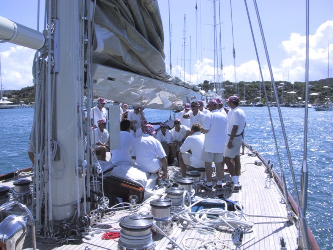Crew aboard Velsheda superyacht