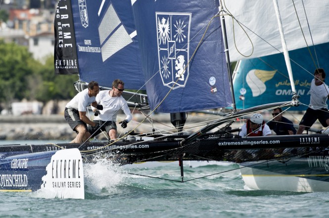 Groupe Edmond de Rothschild powers up around the mark during racing on Day 1 of Act 3