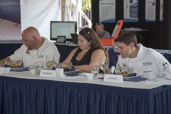 Judges of the Grande Class (from left to right): Chef Matt Preble of the Smokehouse, ShowBoats International Managing Editor Danielle Aragon Cabrera and Chef Bob Bankert of Mooring Seafood Kitchen and Bar. Photo Credit: Billy Black