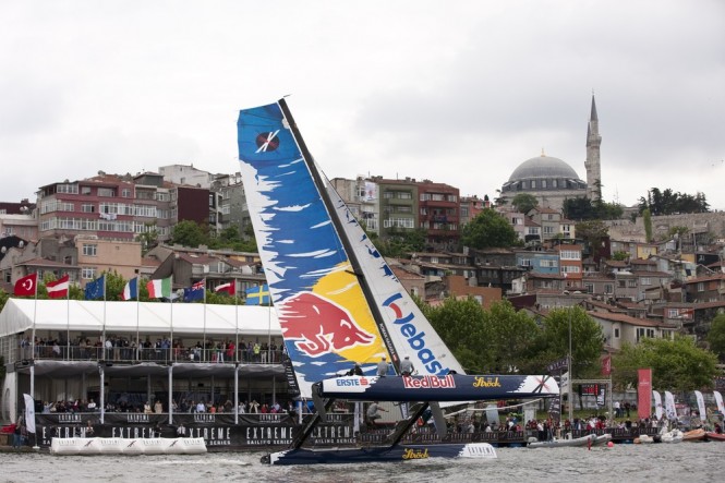 Red Bull Extreme Sailing showing off in front of the VIP tent in the race village in Istanbul 2011 Credit: Lloyd Images