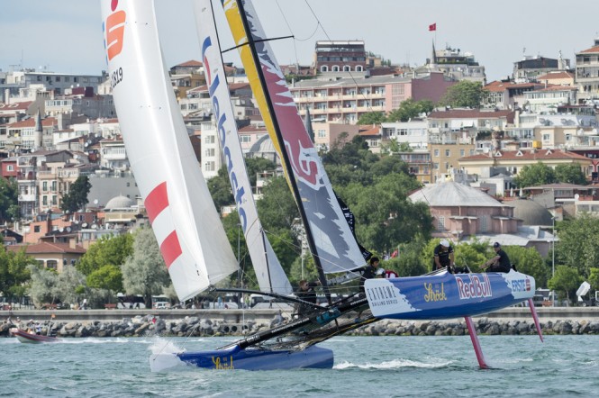 Red Bull Sailing Team flies a hull during day 1 of racing in Istanbul