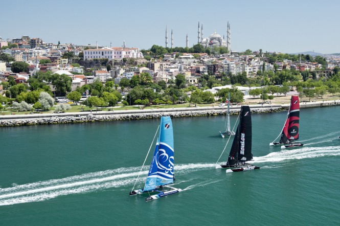 The fleet are lead by The Wave, Muscat while racing on the Bosphorus on day 3 of racing in Istanbul