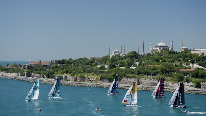 The fleet race down the Bosphorus on day 3 in Istanbul with GAC Pindar leading
