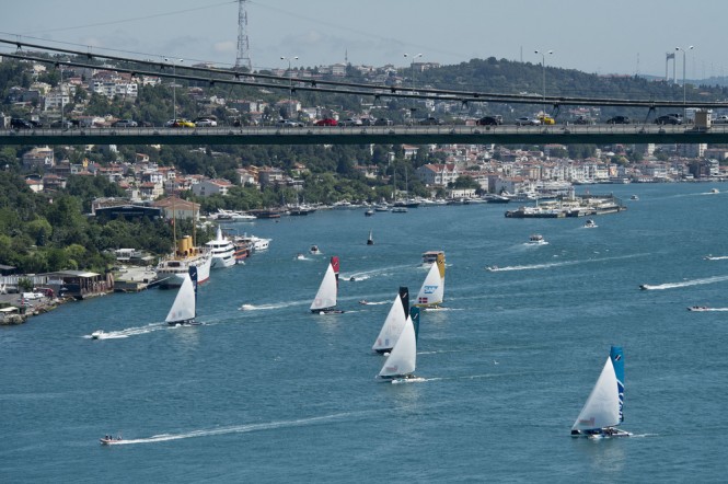 The fleet race downwind on the Bosphorus on day 3 in Istanbul