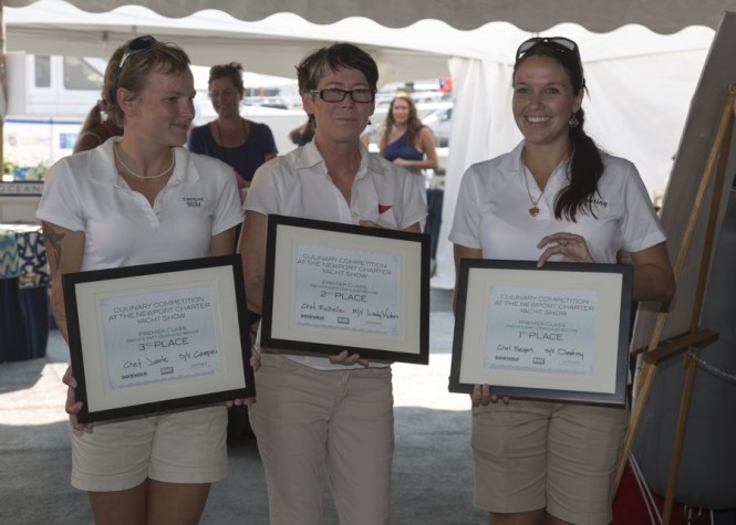 Winners in the Premier Class (from left to right): Chef Jade from the 72-foot sail vessel Campai, Chef Michelle from the 88-foot motor vessel Lady Victoria and Chef Megan from the 70-foot sailing yacht Destiny. Photo Credit: Billy Black