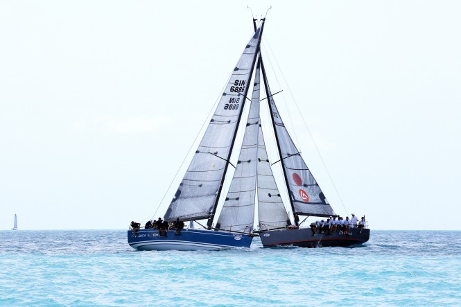 Foxy Lady 6 (left) and EFG Bank Mandrake (right) take their battle into the last day of racing at the 2012 Samui Regatta. Photo by SamuiPics.com.