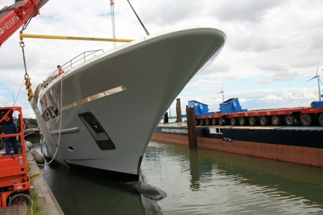 49m luxury yacht Nassima hitting the water - Photo courtesy of Olivier van Meer