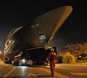 Night transportation of the 46m Sanlorenzo motor yacht ACHILLES for her launch
