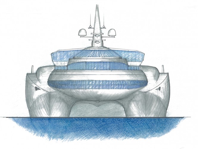Front view of the 59m luxury catamaran yacht X-One