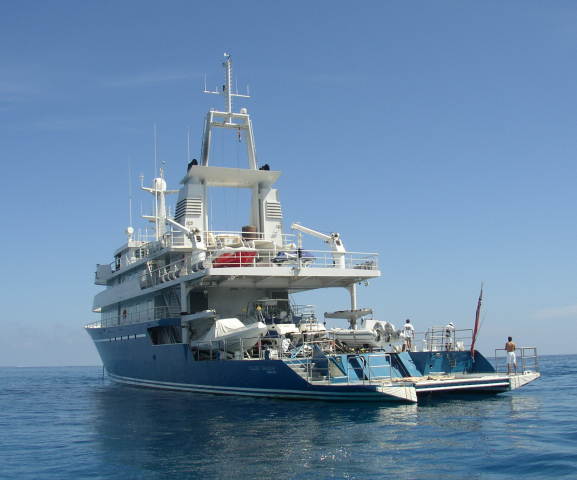 Luxury yacht Golden Shadow at anchor - rear view