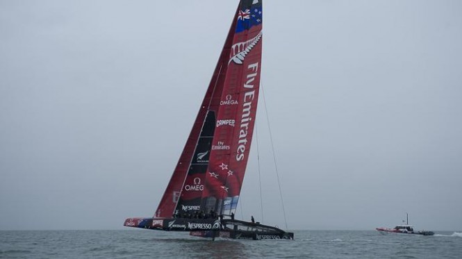 Newly launched AC72 catamaran yacht New Zealand - her first sailing in Auckland