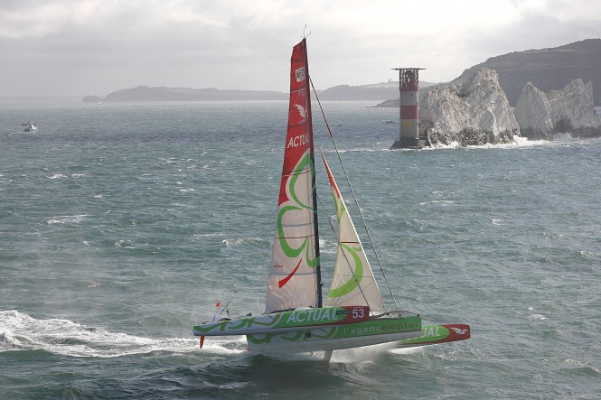 The French Multi 50 trimaran yacht Actual bears off for maximum speed around the Needles, eventually taking line honours in today’s J.P. Morgan Asset Management Round the Island Race. Photo: onEdition