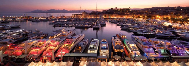 Cannes Boat Show after sunset