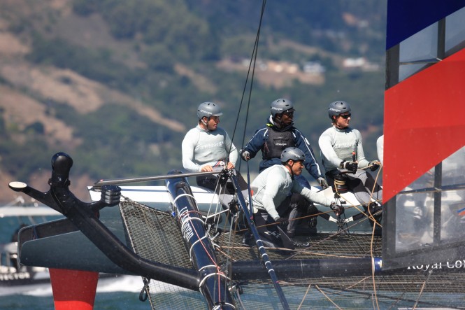 Michael Johnson helms an AC45 on San Francisco Bay with Ben Ainslie sitting to his right Michael Johnson helms an AC45 on San Francisco Bay with Ben Ainslie sitting to his right