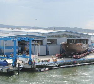 Sunseeker Yachts move the completed hull of the first Sunseeker 155 Yacht