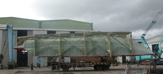 The newly fabricated hull mold of the Cheoy Lee luxury yacht Alpha 86