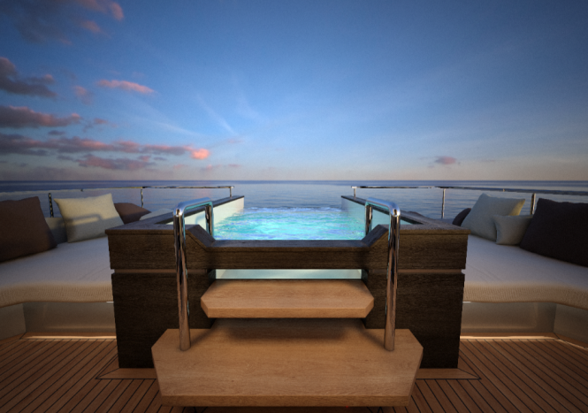Stylish infinity pool on the sun deck of the motor yacht project M50 by Mondo Marine - designed by Hot Lab