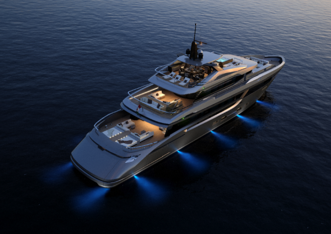 Luxury Yacht Project M50 designed by Hot Lab at night