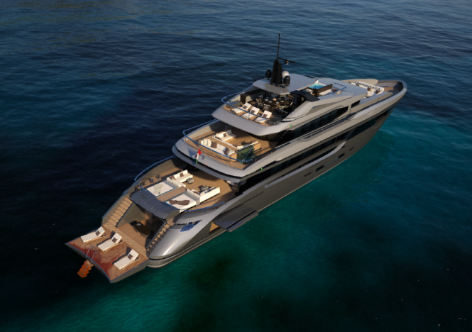 View of the spacious beach club - Mondo Marine M50 yacht project designed by Hot Lab