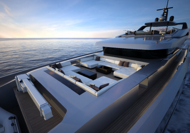 Spacious upper deck lounging aboard M50 yacht project by Mondo Marine designed by Hot Lab