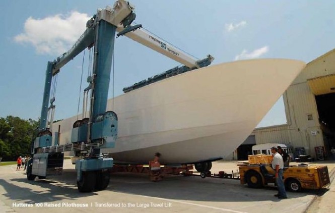 Hatteras 100 Raised Pilothouse motor yacht on the travel Lift