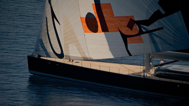 Sailing yacht Aglaia with sail art by Magne Furuholmen - Photo by Christopher Scholey.