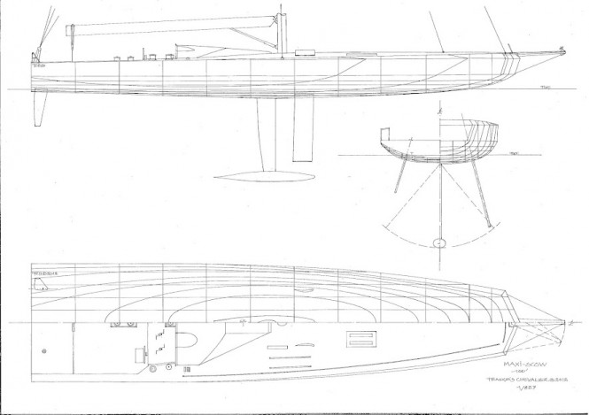 Figure 5- MaxiScow superyacht, lines, sections, profile and half-deck